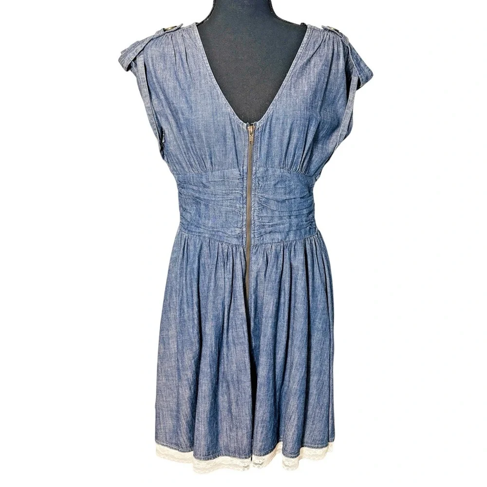 Vtg Y2K Denim Lace Trim Mini Dress Size 7 (XS) Indie Festival Boho Western Retro